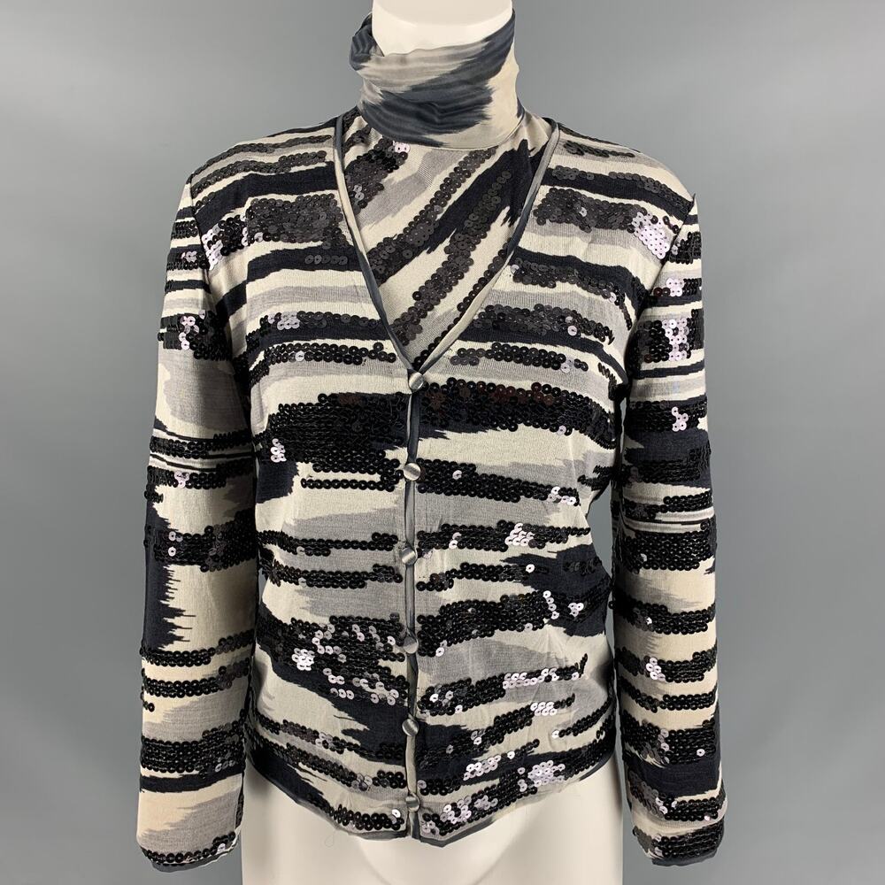 MISSONI Size 6 Black Grey Silk Sequined Turtleneck Dress Top